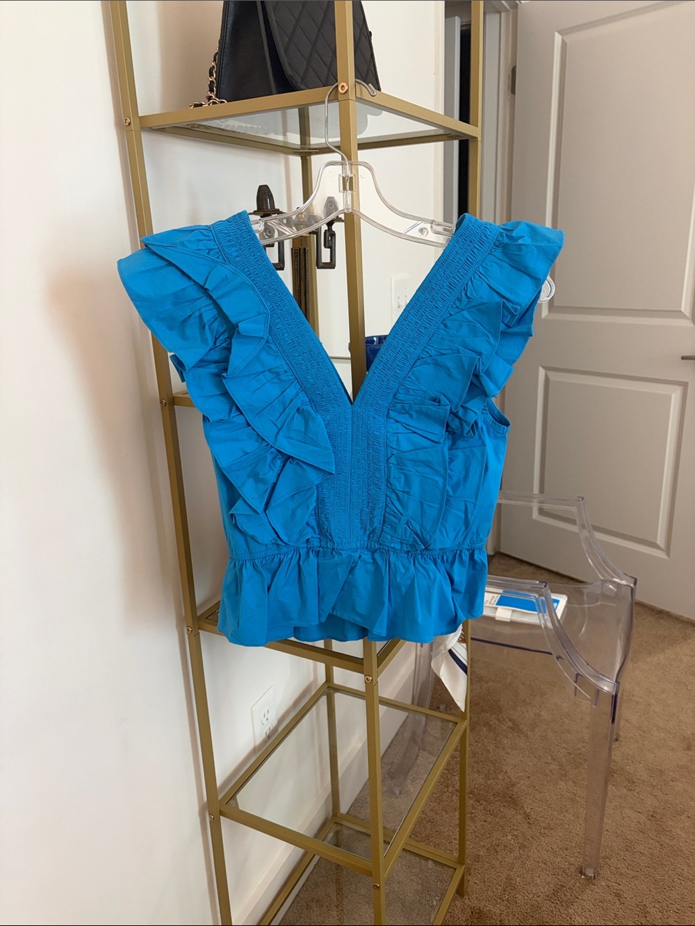 Women’s Ruffled V-Neck Top in Bright Teal Blue